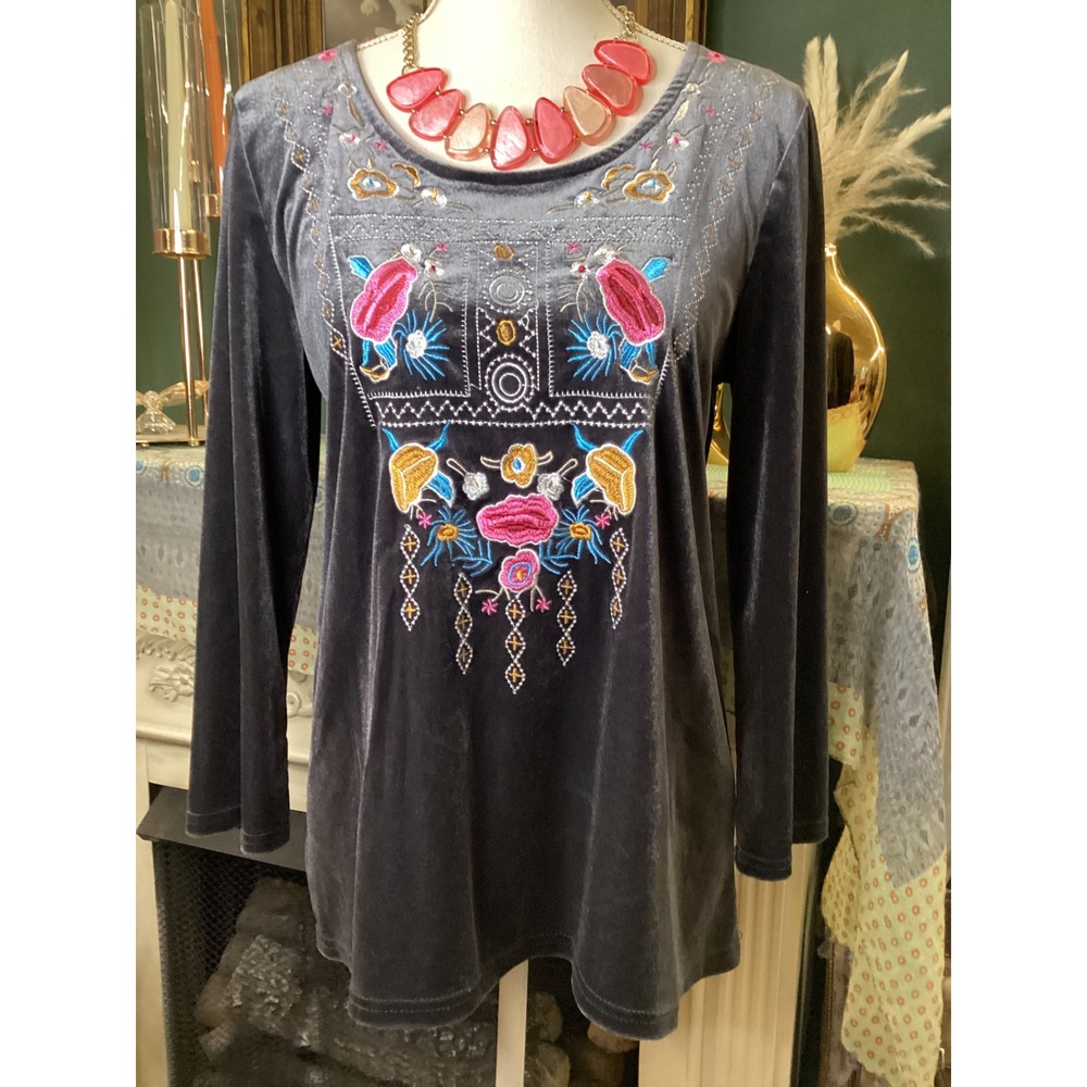 Entro Gray Velvet Embroidered Floral Long Sleeve Tunic Blouse T8456 Womens M